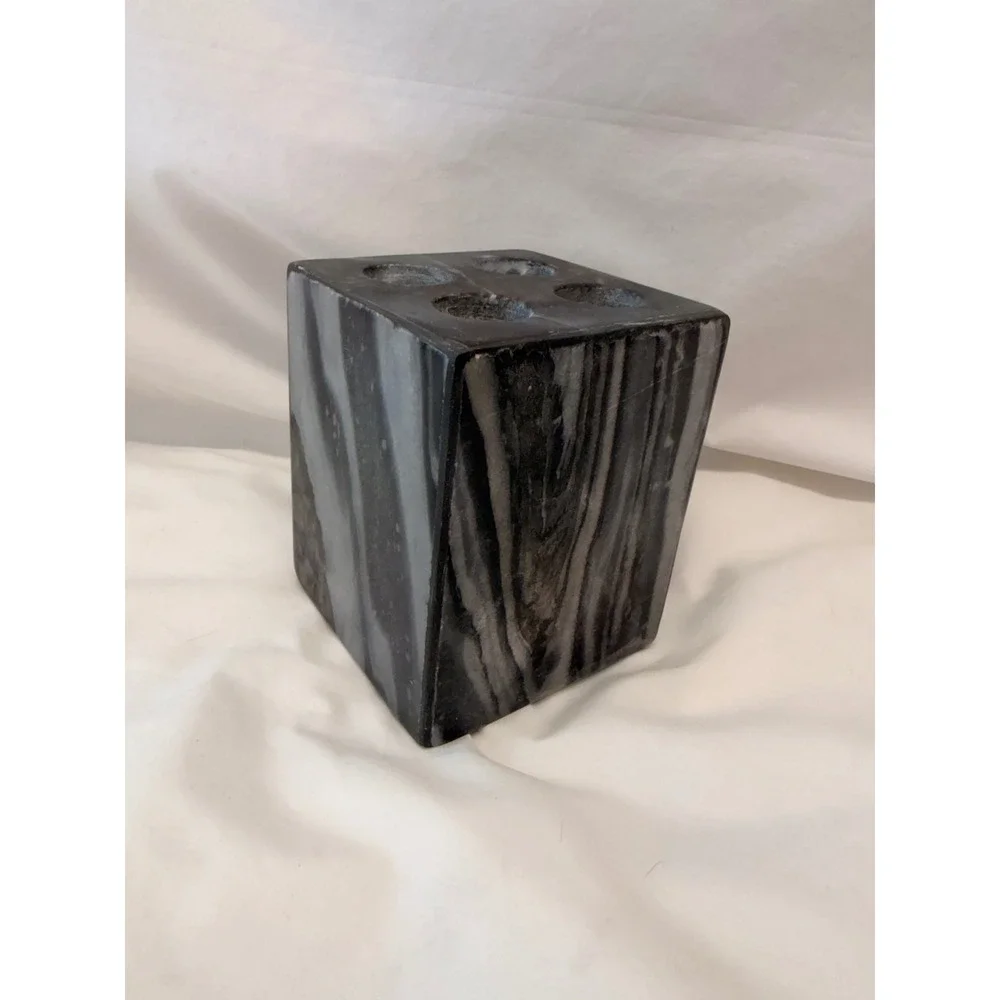 Vintage Black and White Marble Toothbrush Holder 4-Slot Square Stone Vanity
